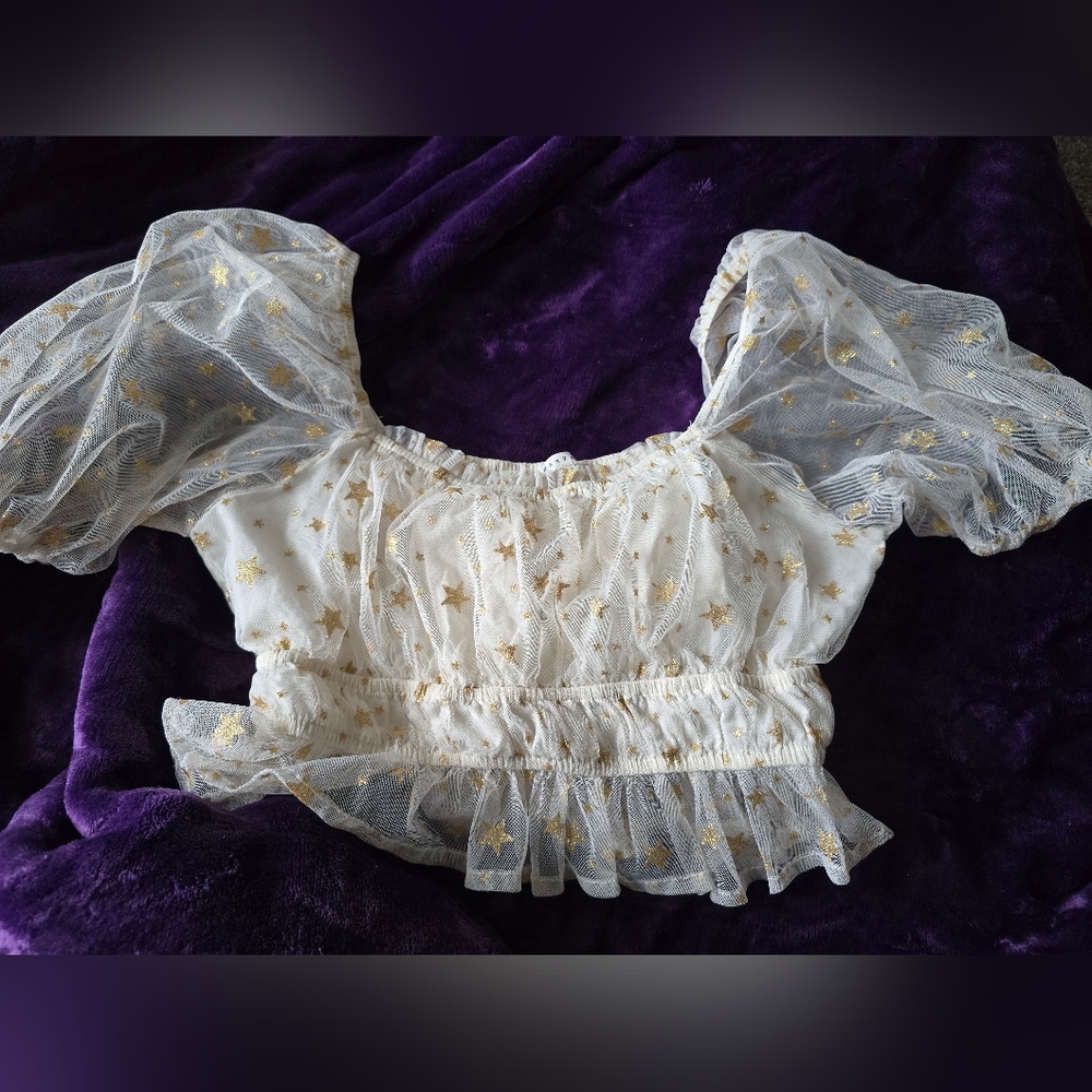 BaeVely M Sheer Gold Star Puff Sleeve Crop Top